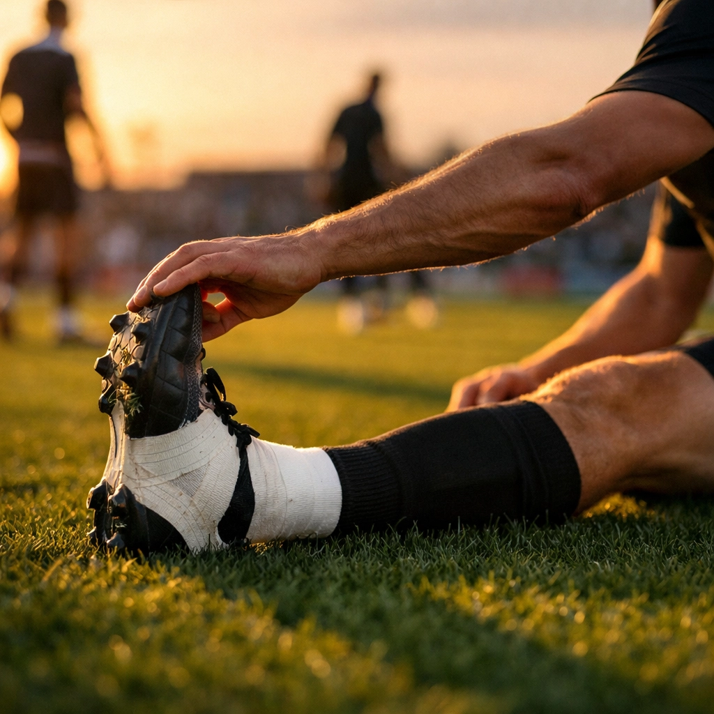 Fußballspieler beim Aufwärmen mit Knöchelbandage vor wichtigem Spiel