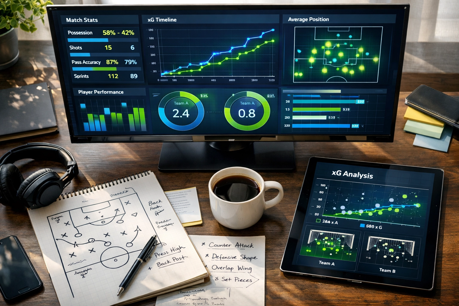 Sportwetten-Analyse mit xG-Statistiken und Bundesliga-Daten auf modernem Arbeitsplatz