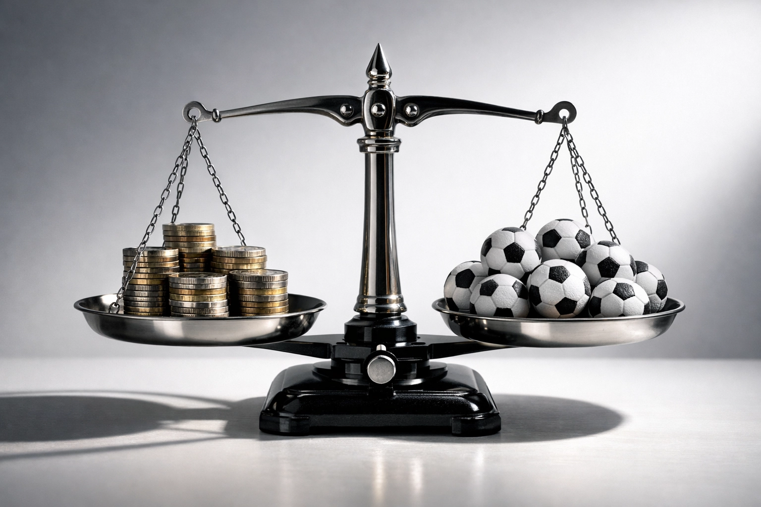 Waage im Gleichgewicht mit Euro-Münzen und Fußbällen symbolisiert Bankroll Management und Einsatzstrategie