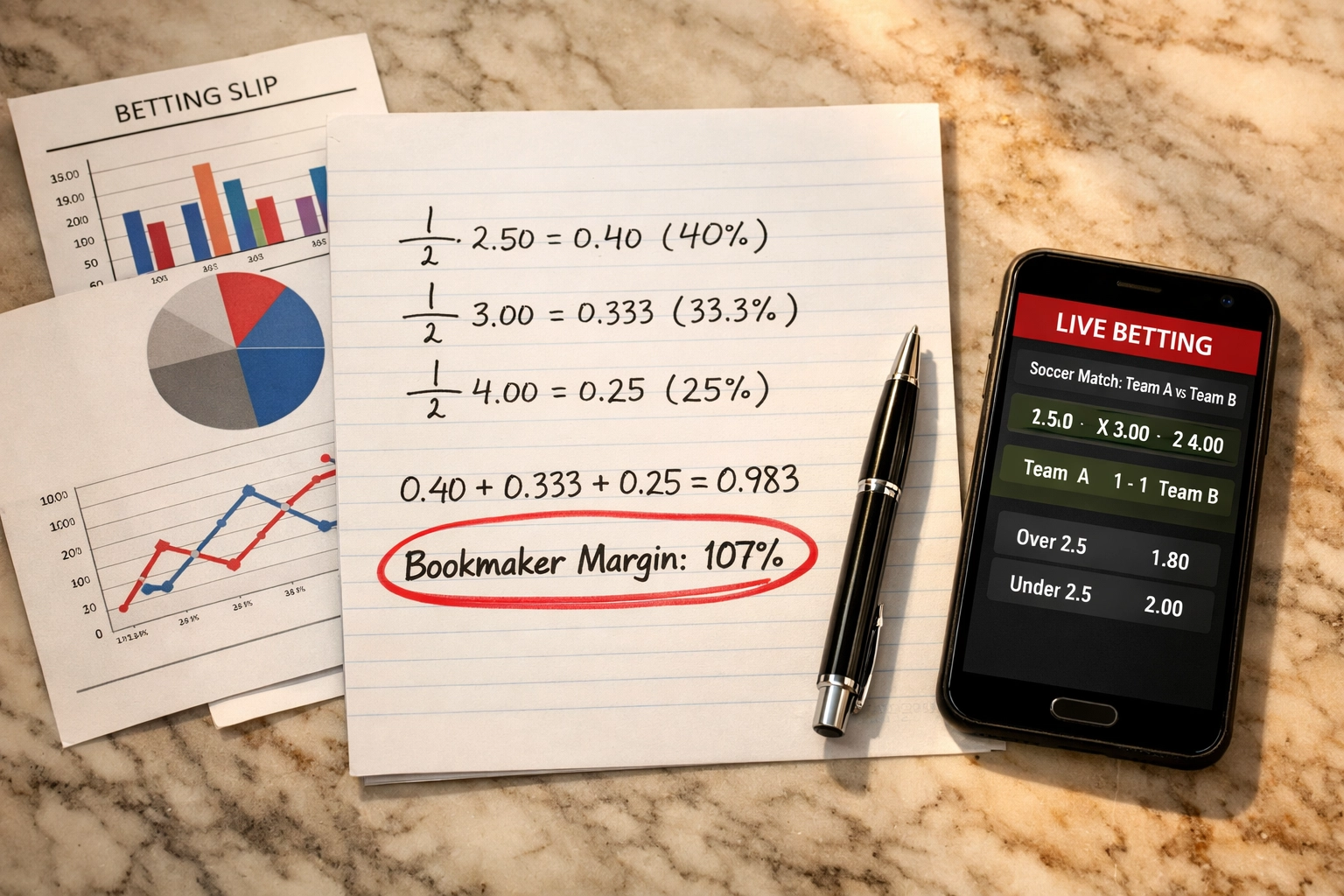 Berechnung der Buchmacher-Marge bei Sportwetten mit statistischen Charts und Quotenanalyse