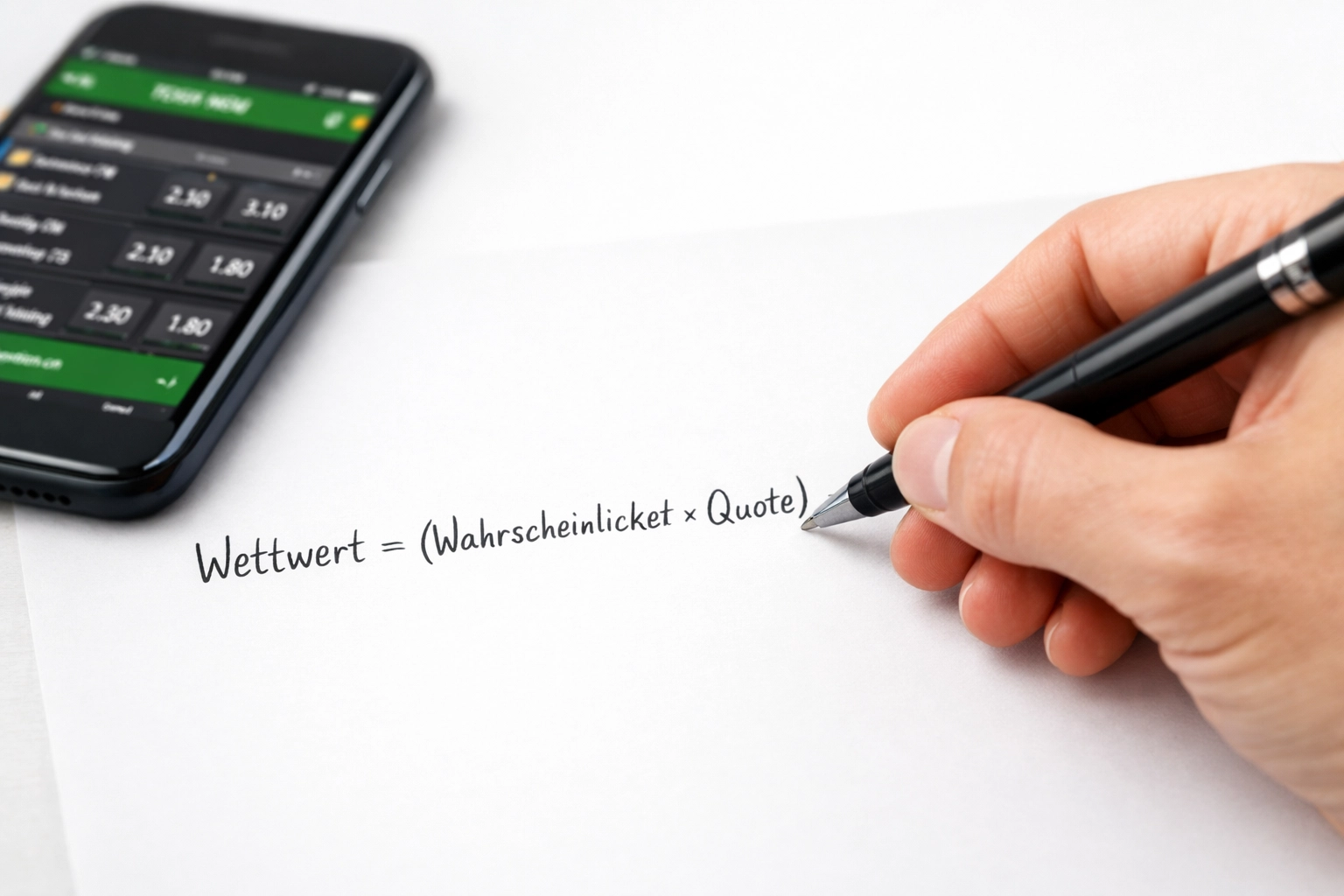 Value-Formel Berechnung auf Papier: Wahrscheinlichkeit mal Quote minus Eins für Sportwetten