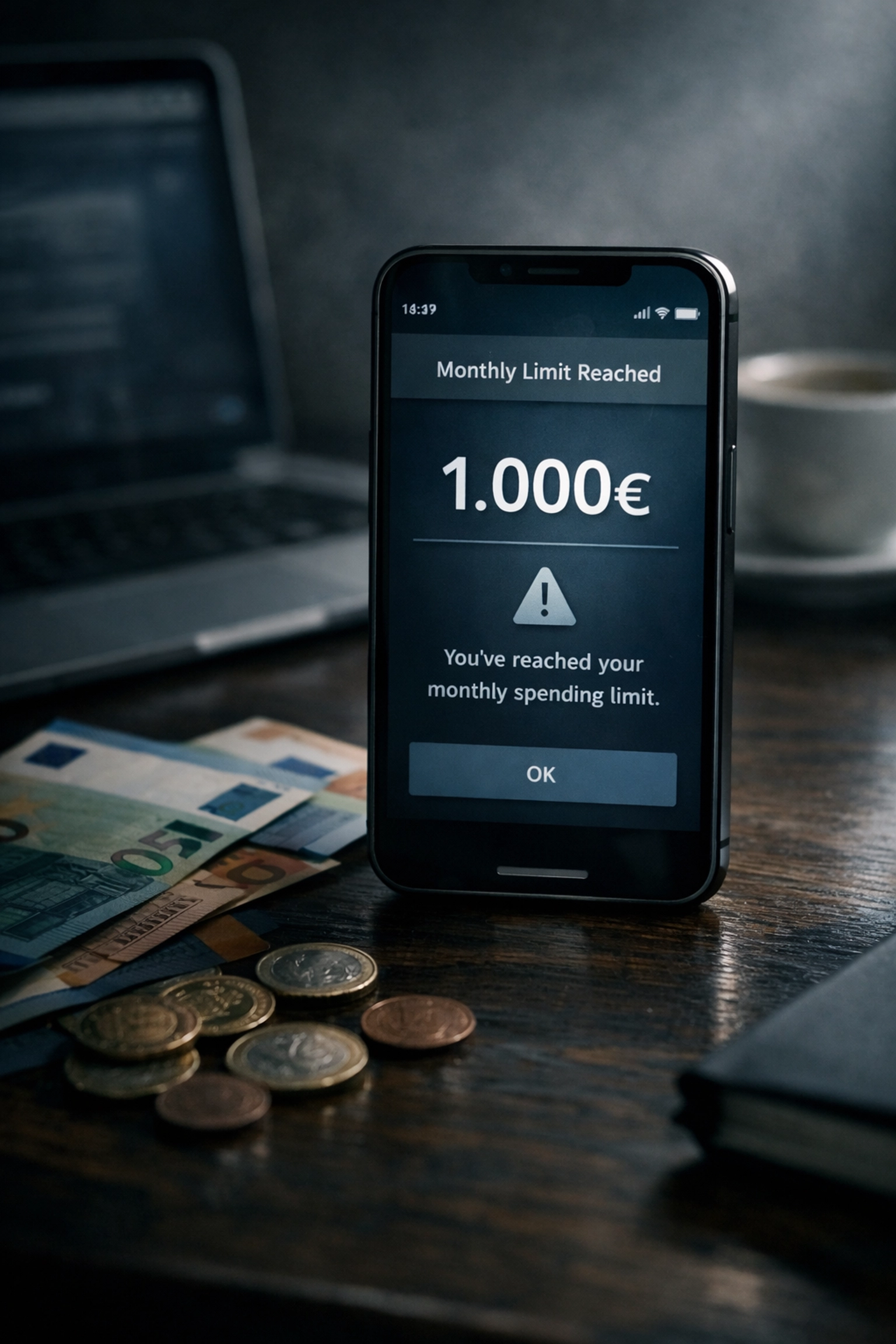 Smartphone zeigt 1.000 Euro Einzahlungslimit für Sportwetten mit Euroscheinen auf Schreibtisch