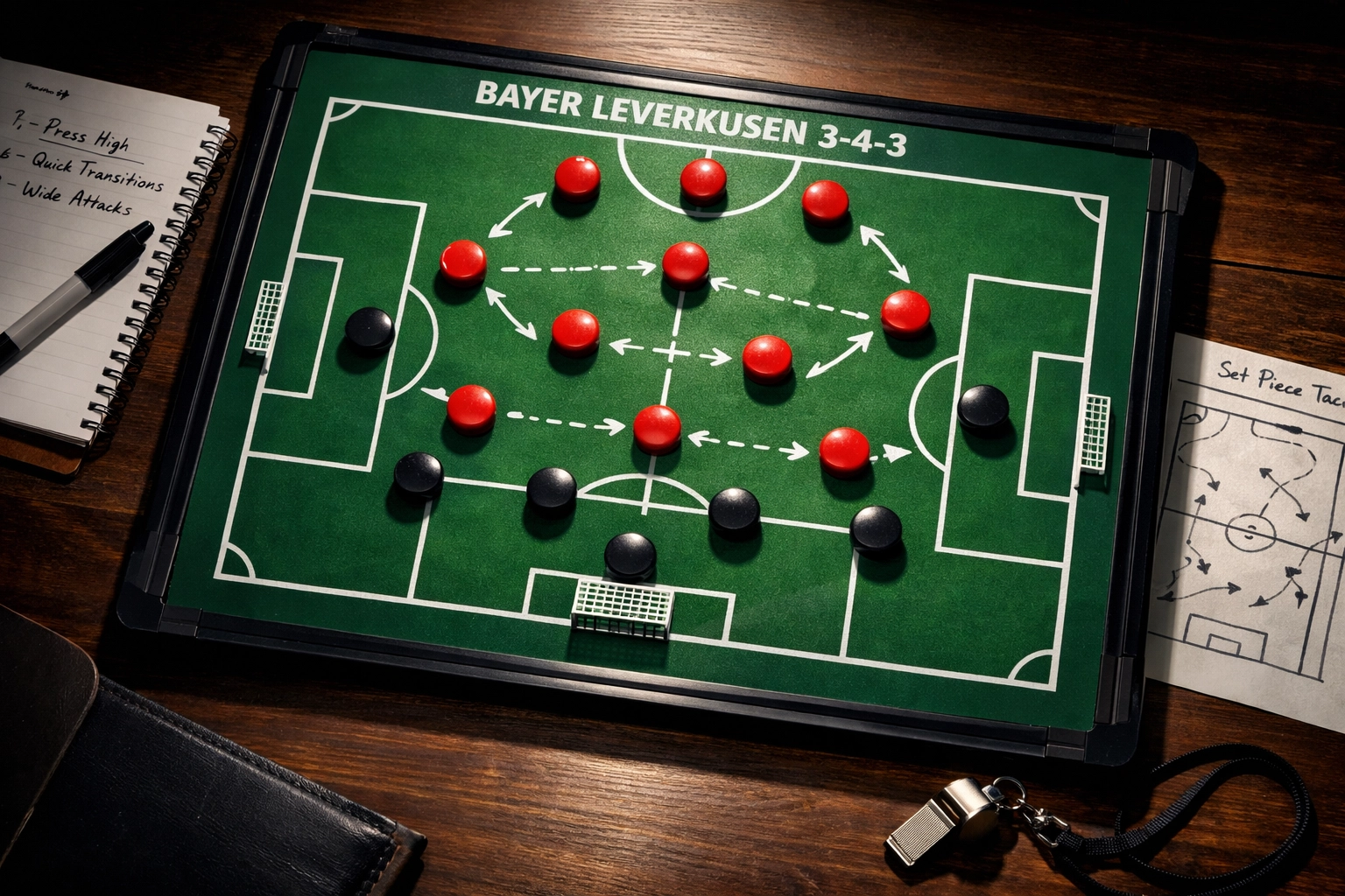 Taktiktafel zeigt Leverkusens 3-4-3 Formation mit Spielfiguren zur Defensivanalyse