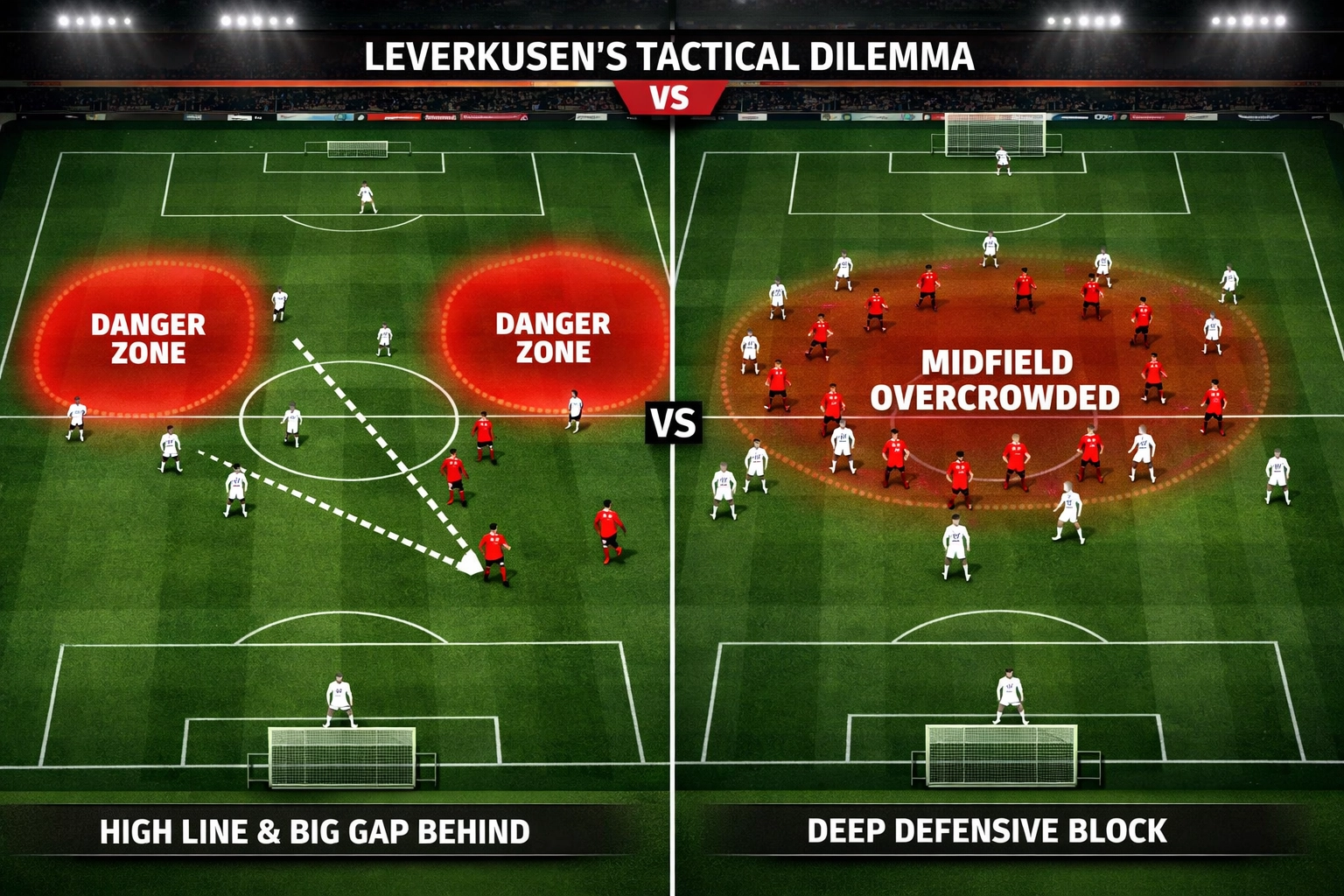 Taktisches Dilemma für Gegner gegen Leverkusens Pressing-System aus Vogelperspektive