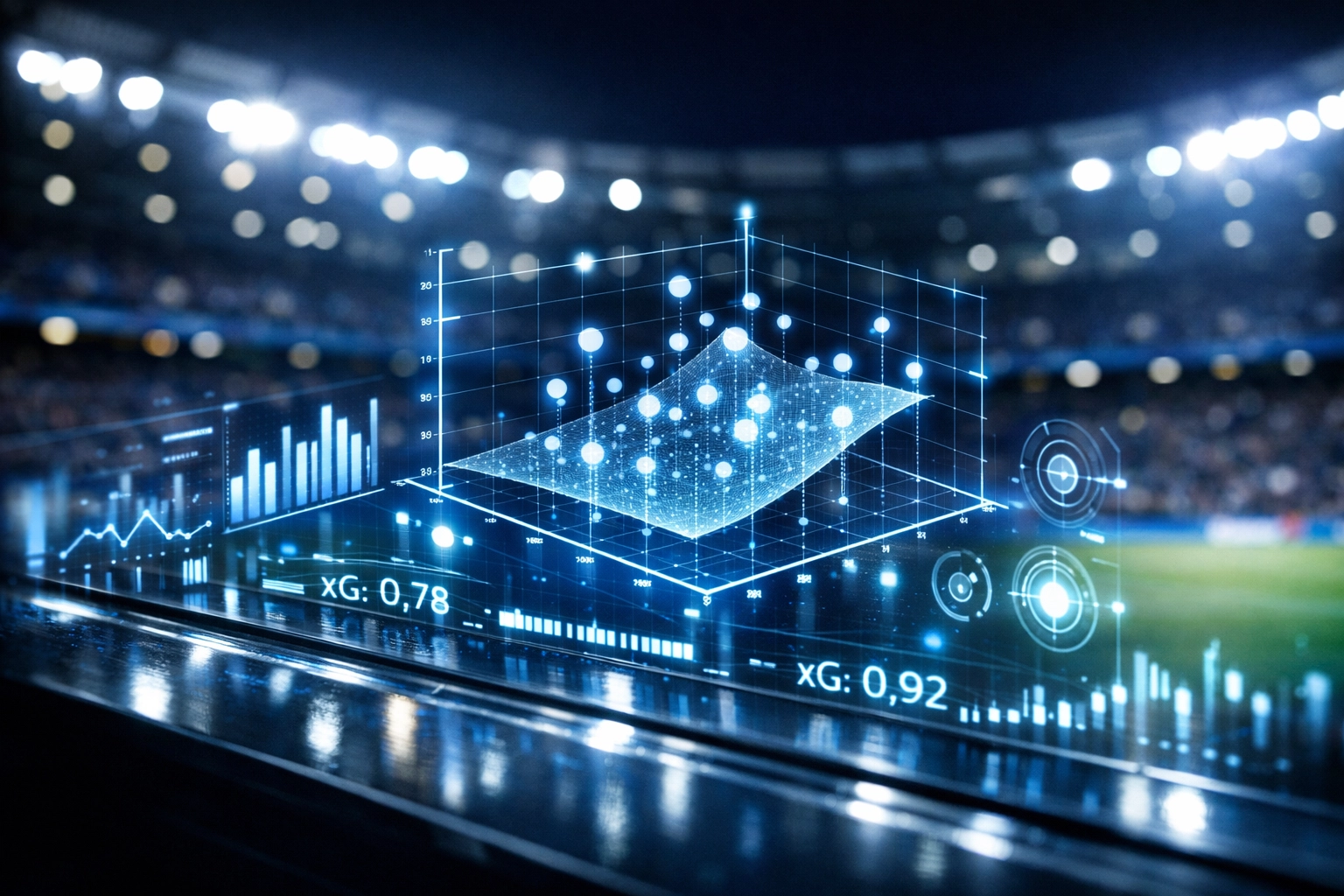 Statistische Analyse mit xG-Modellen und Markttrends vor einem beleuchteten Fußballstadion.