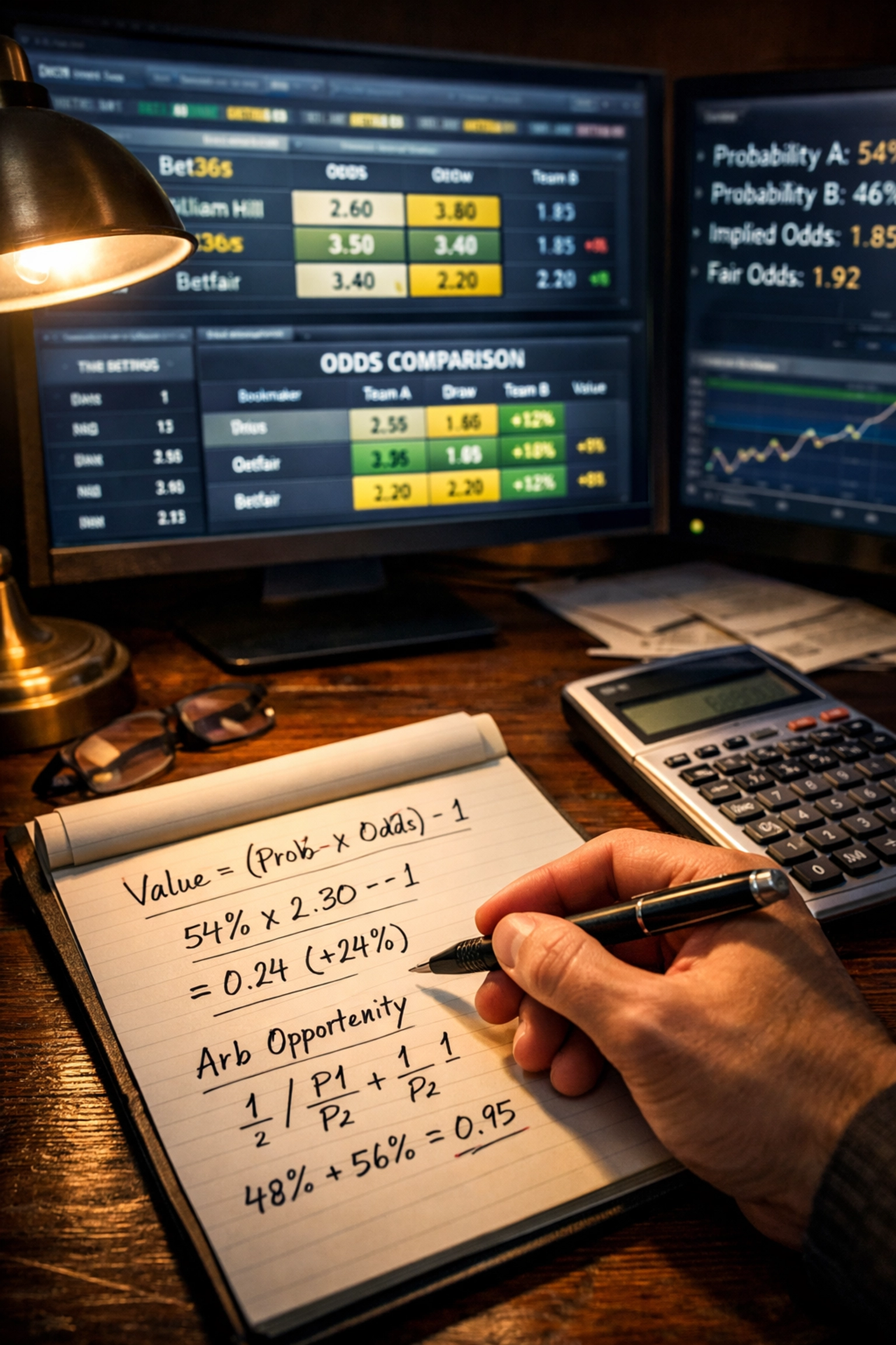 Quotenanalyse-Workspace mit mehreren Monitoren zeigt Buchmacher-Quoten und Value-Berechnungen