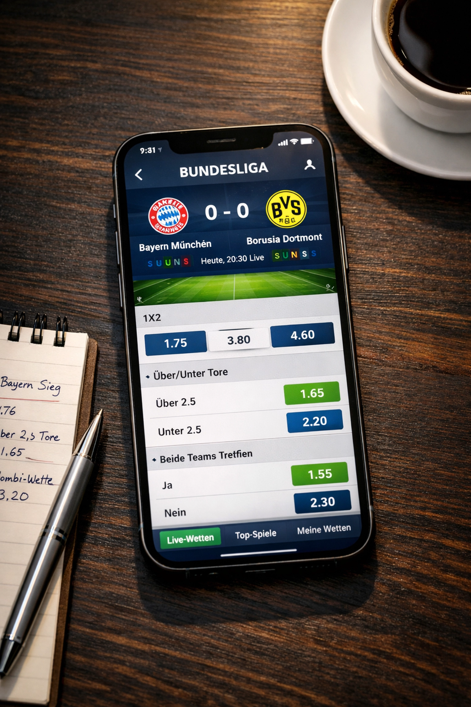 Wetten App mit Bundesliga Quoten und Wettmärkten auf Smartphone Display