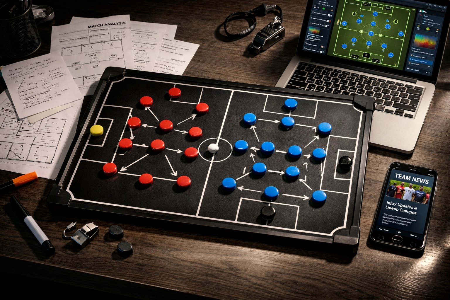 Taktiktafel mit Fußball-Formationen 4-3-3 und 3-5-2 für Spielanalyse