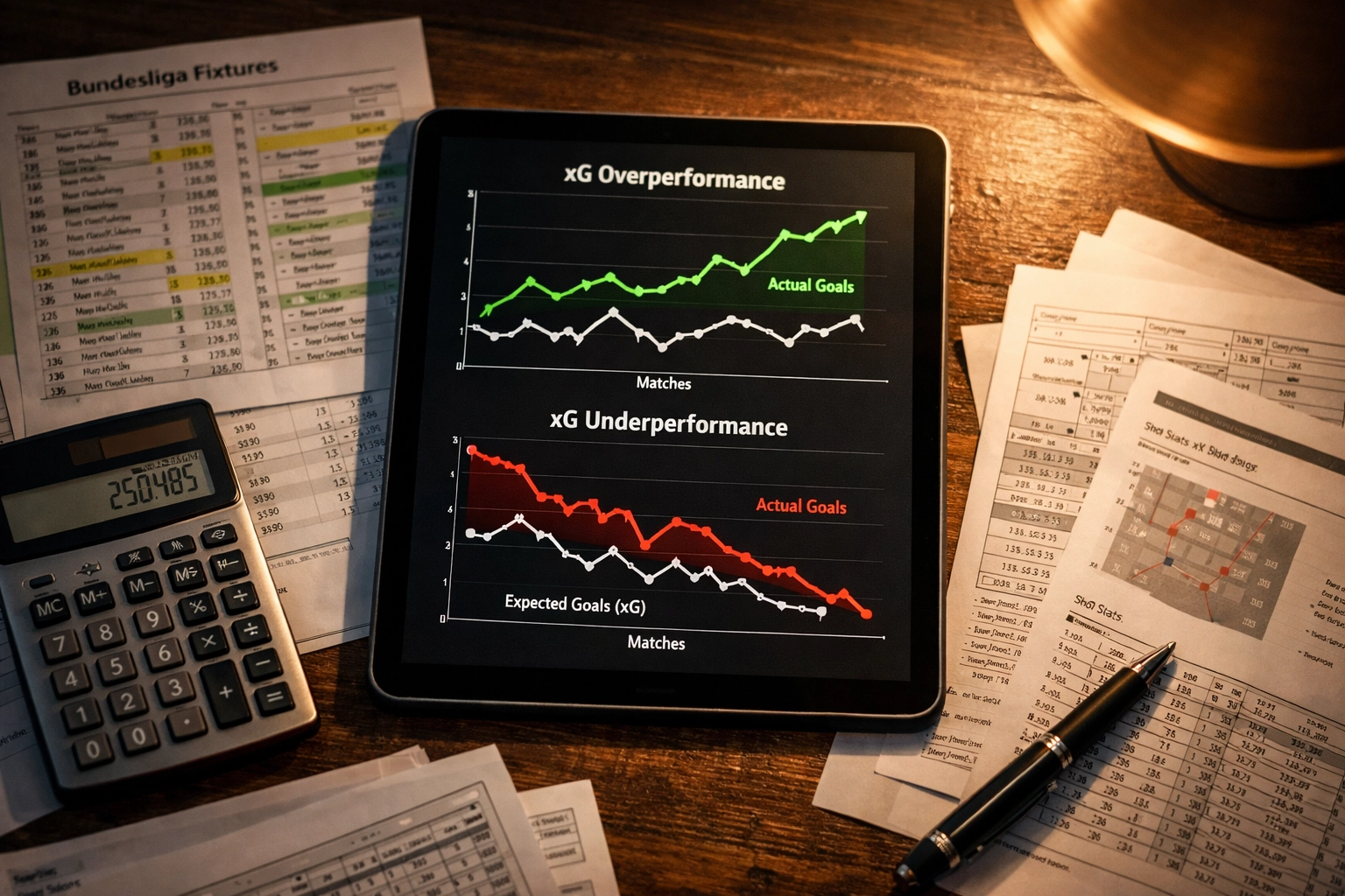 Bundesliga xG-Datenanalyse mit Über- und Unterperformance-Trends auf Tablet