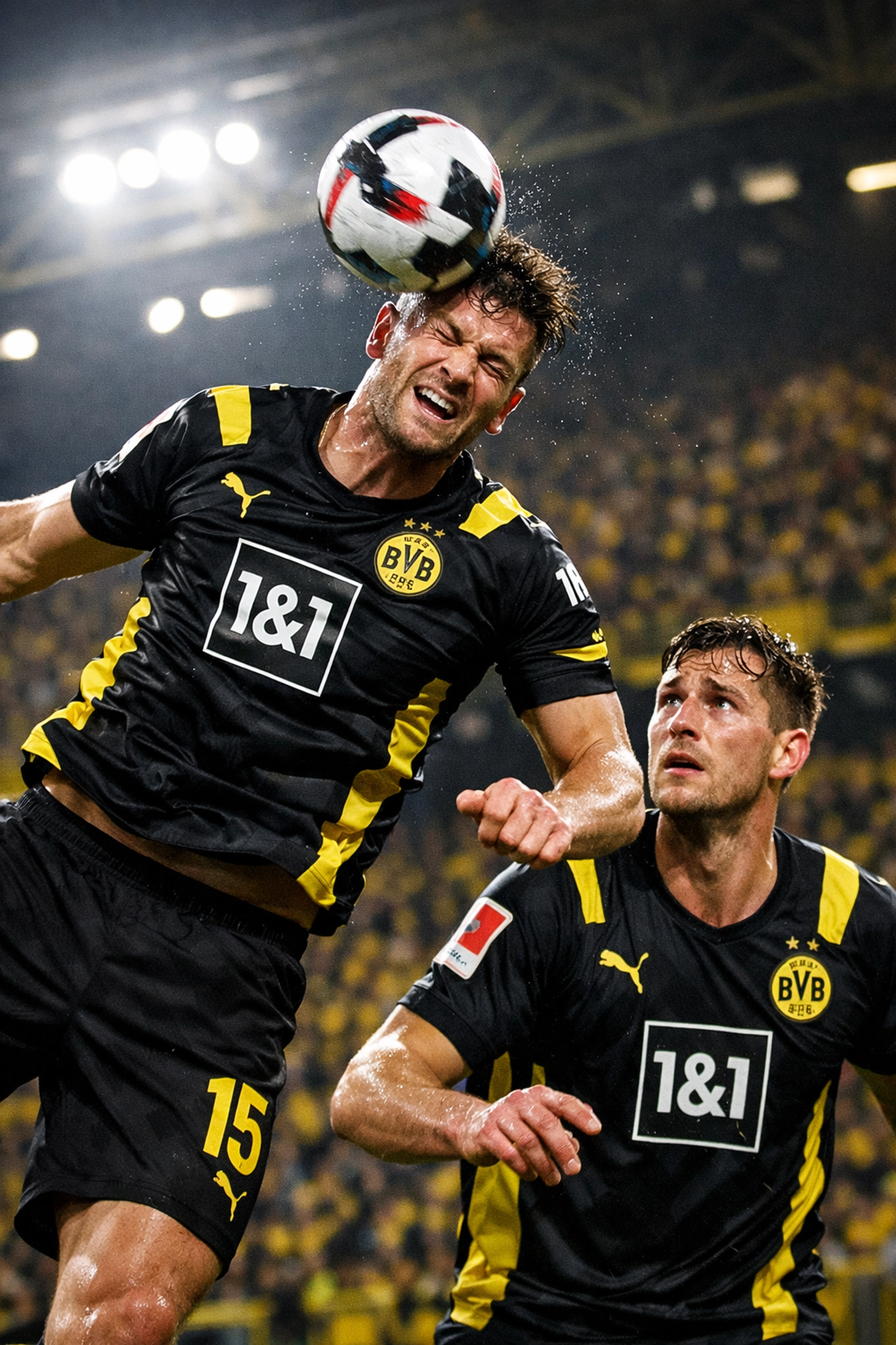 BVB Innenverteidiger im Kopfballduell während Bundesliga-Spiel 2026