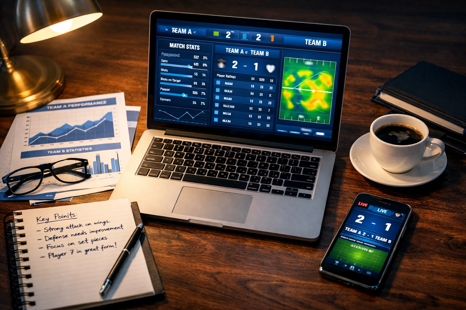 Sportwetten Analyse Arbeitsplatz mit Laptop zeigt Fußballstatistiken und Teamform-Daten