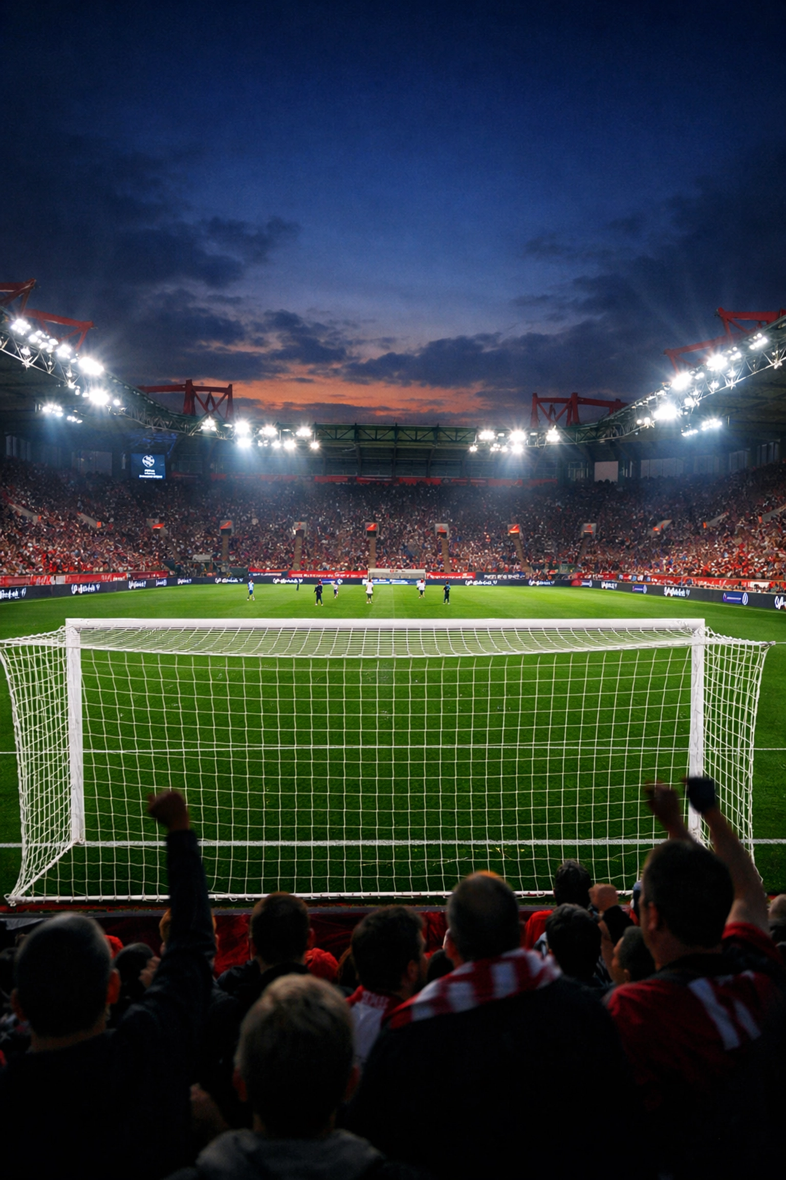 Karaiskakis Stadion Piräus bei Flutlicht – Spielort des Champions-League-Duells Olympiakos gegen Leverkusen