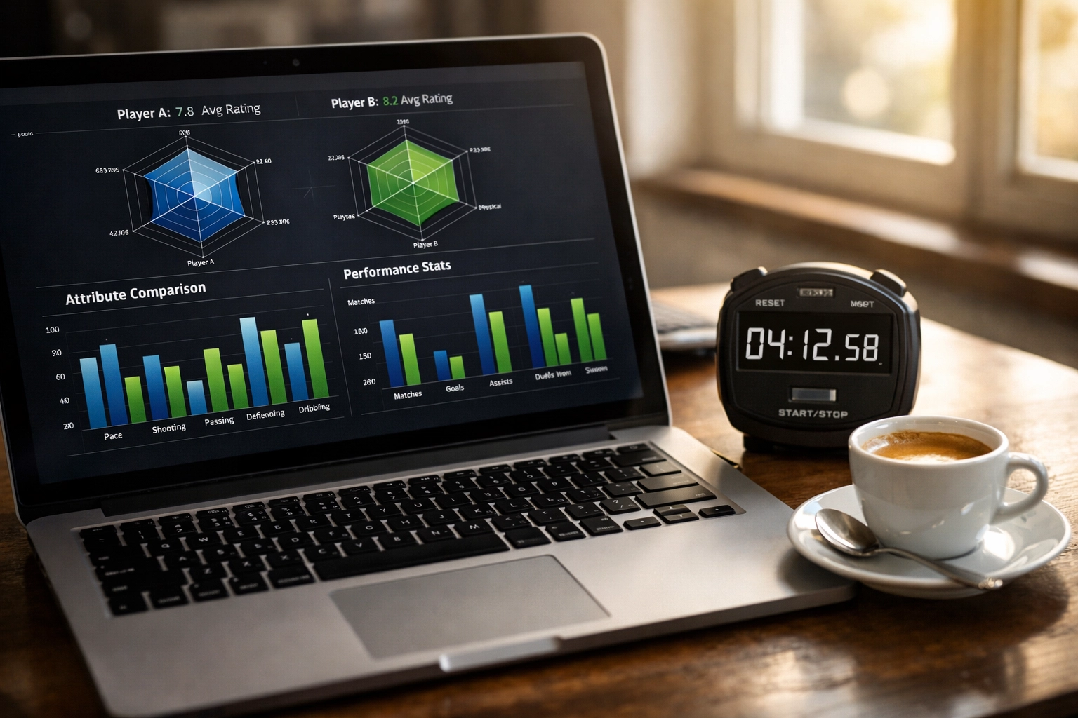 Professionelle Spielerdaten-Analyse auf einem Laptop mit Fokus auf den 5-Minuten-Check.