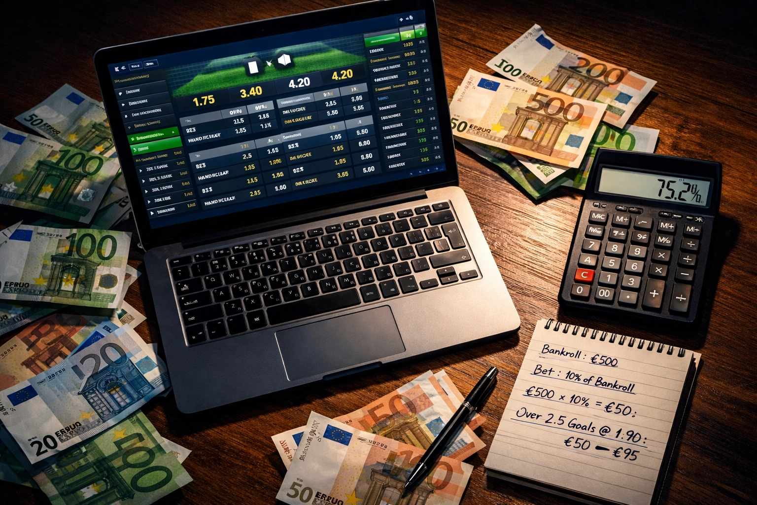 Sportwetten-Analyse mit Laptop, Quoten und Geldscheinen auf Schreibtisch