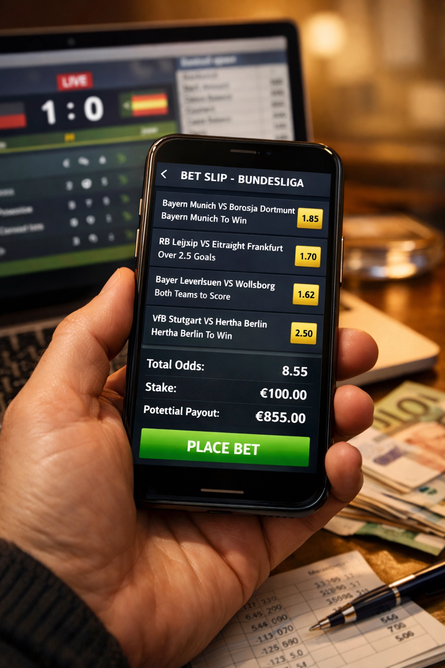 Smartphone mit Bundesliga-Wettschein und Quotenvergleich für datenbasierte Tipps