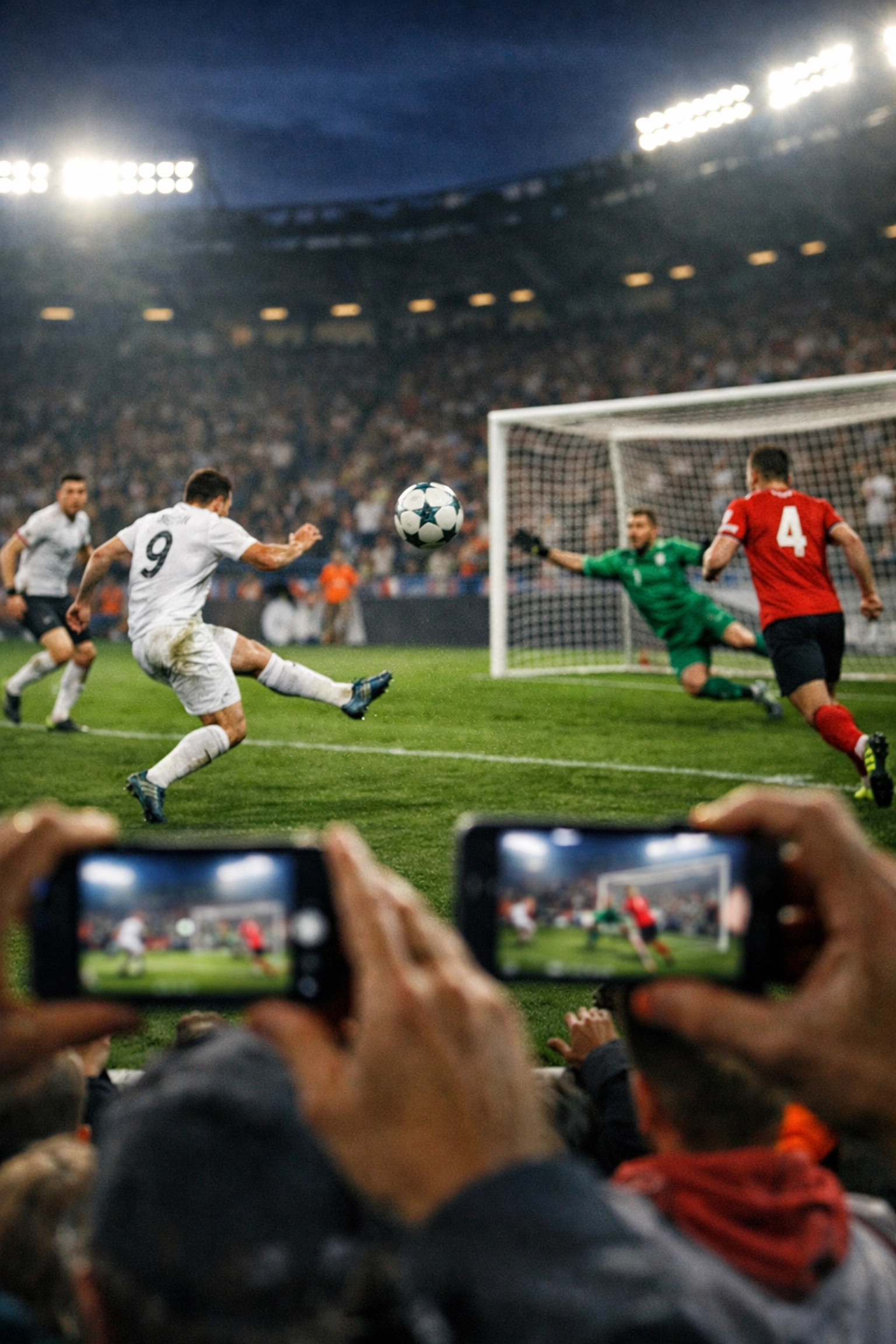 Live Fußballspiel im Stadion mit Zuschauern, die Live-Wetten auf Smartphones platzieren