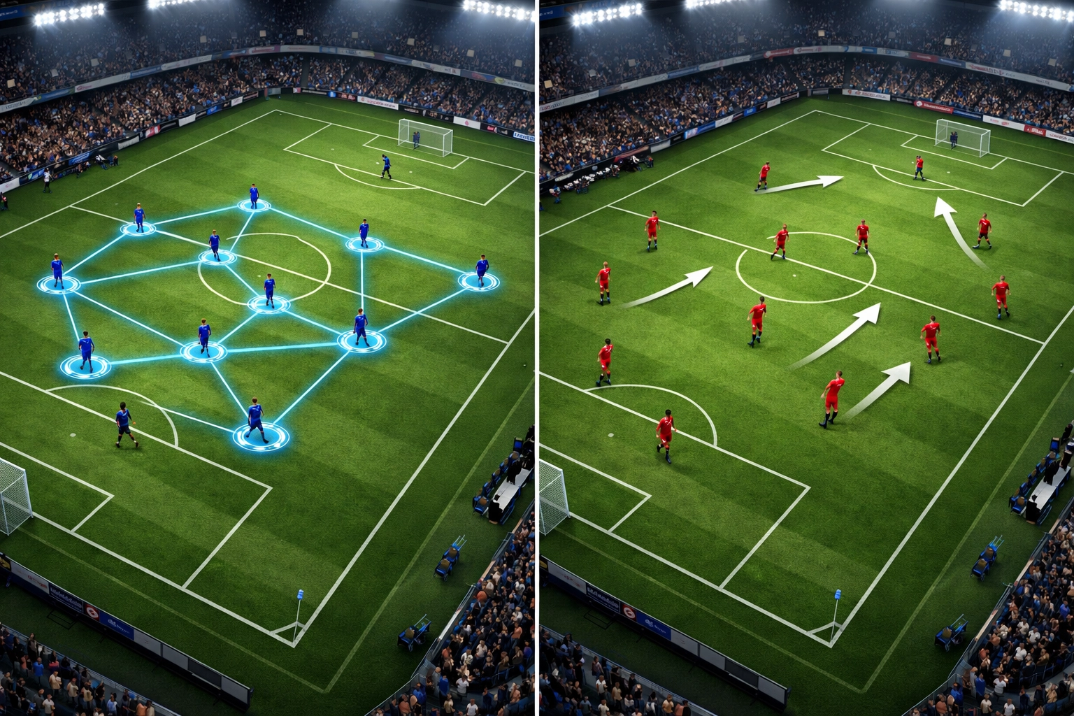 Taktischer Spielvergleich zwischen Ballbesitz-Team und Konter-Team auf Fußballfeld