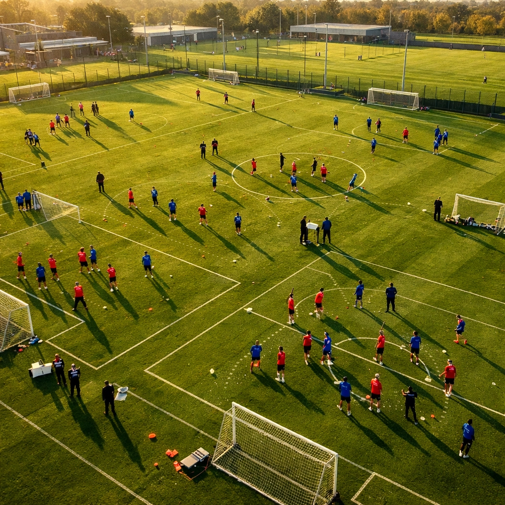 Bundesliga Trainingsgelände mit mehreren Spielergruppen bei Rotationstraining und Kaderübungen