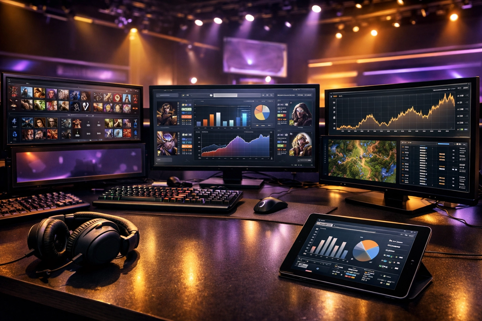 Analytische E-Sports Station mit Datenvisualisierungen zu Dota 2 Gold-Graphen und Statistiken.