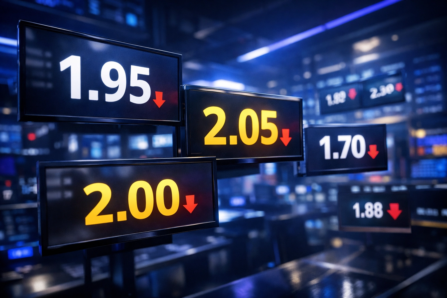 Quotenvergleich mehrerer Buchmacher zeigt fallende Sportwetten-Quoten auf verschiedenen Bildschirmen