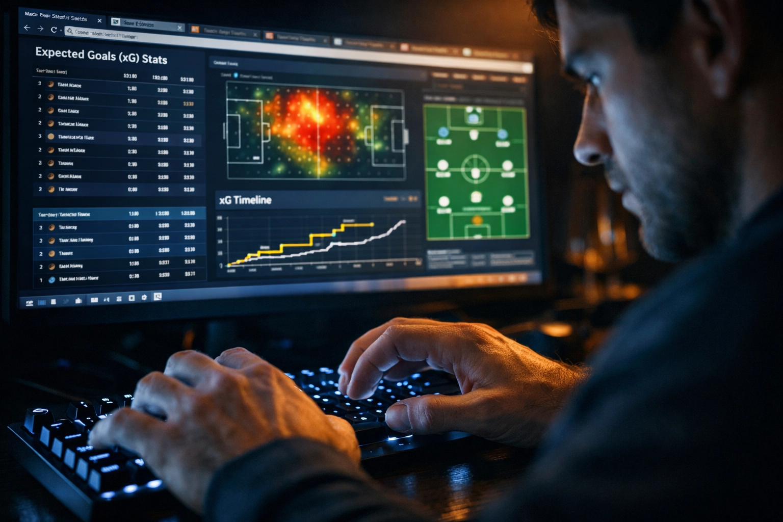 Analyst reviewing football statistics and expected goals data for value bet identification
