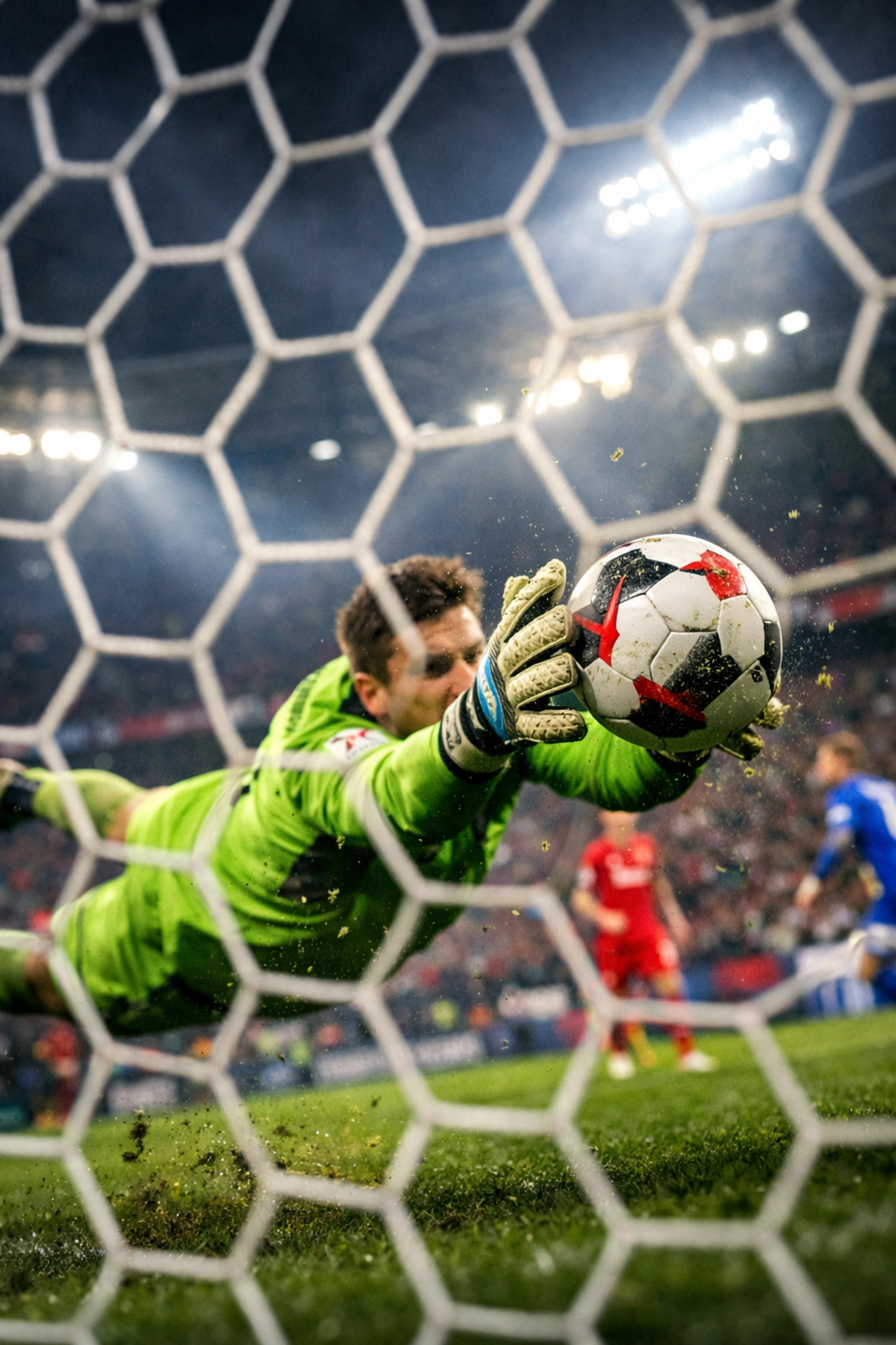 Bundesliga-Torwart bei spektakulärer Parade durch Tornetz fotografiert im Stadion