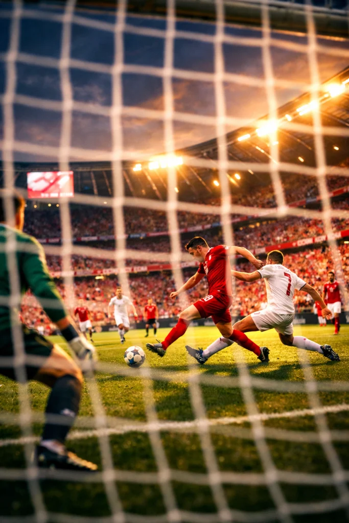 Fußballspieler in roten und weißen Trikots vor einem Tor, von hinter dem Netz gesehen.