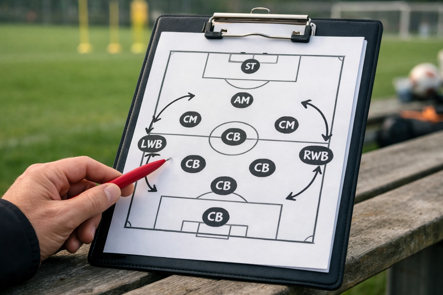 Taktikskizze Dreierkette auf Trainerboard mit Spielerpositionen und Laufwegen