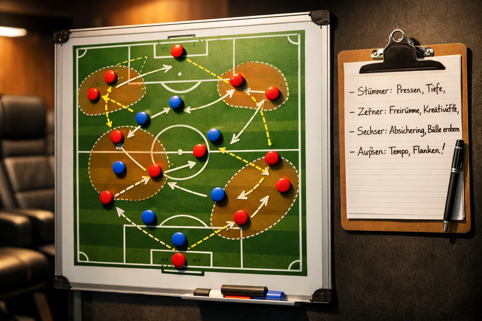 Taktiktafel in einer Bundesliga-Kabine mit Spielzügen und Pressing-Zonen für Kaderanalysen.