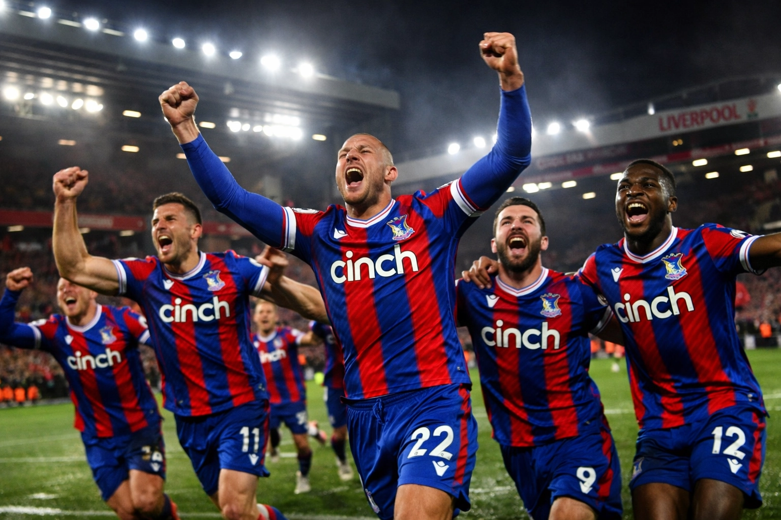 Crystal Palace Spieler feiern ihren sensationellen 3:0-Sieg im EFL Cup an der Anfield Road gegen Liverpool
