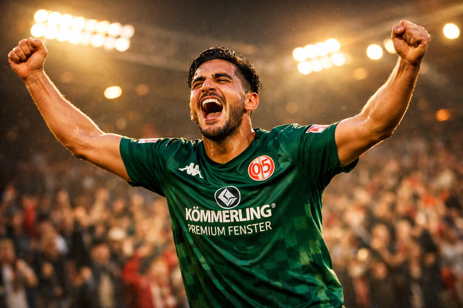 Mainz Spieler Torjubel Bundesliga Heimspiel unter Flutlicht
