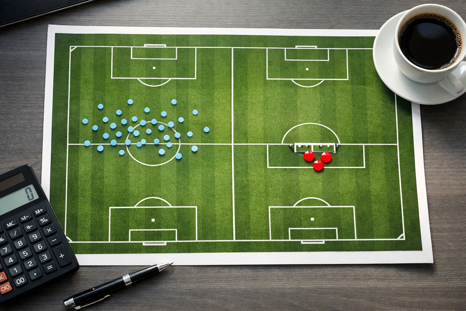 Fußballfeld-Diagramm vergleicht Chancenqualität: Fernschüsse versus Schüsse aus kurzer Distanz