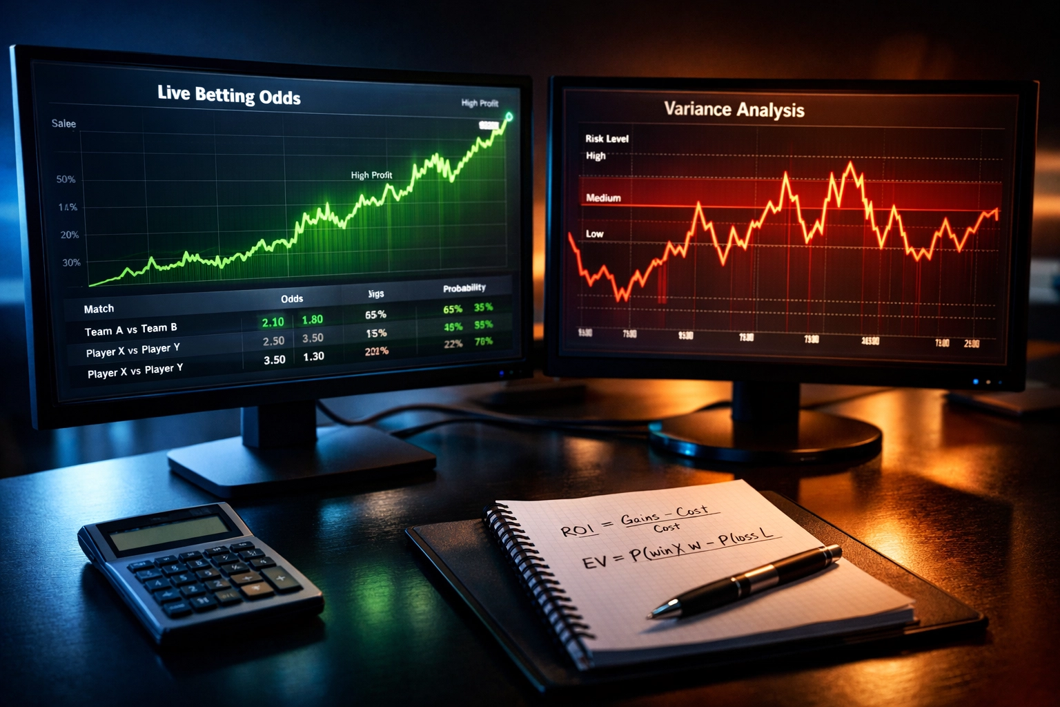 Value Bet Analyse auf Monitoren mit Wettquoten und Wahrscheinlichkeitsberechnungen