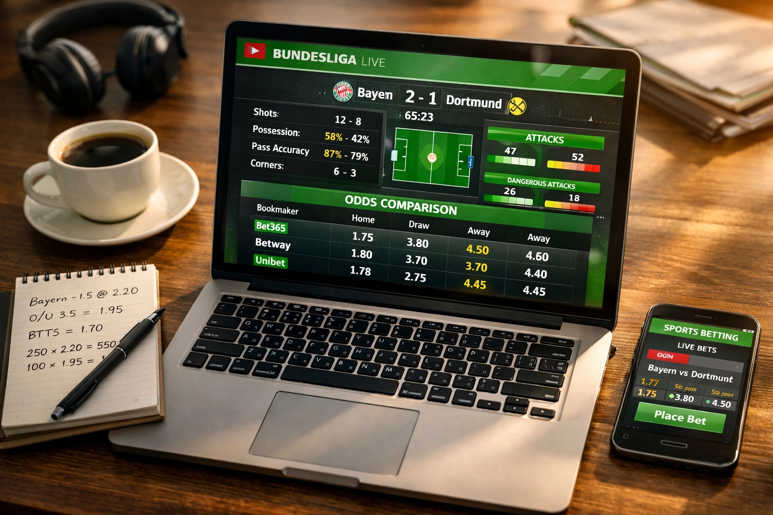 Bundesliga Wett-Tipps Analyse mit Quoten-Vergleich auf Laptop und Smartphone