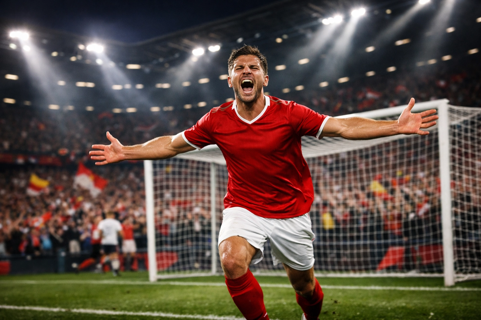 Bundesliga-Stürmer feiert Tor im Strafraum bei Nachtspiel