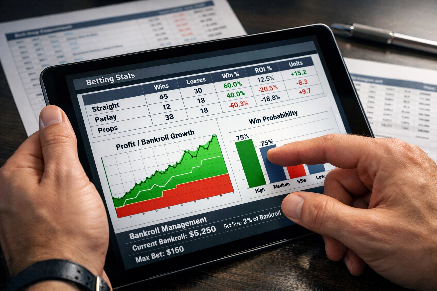 Wett-Statistiken und Bankroll-Management Daten auf Tablet mit Gewinn-Verlust-Diagrammen