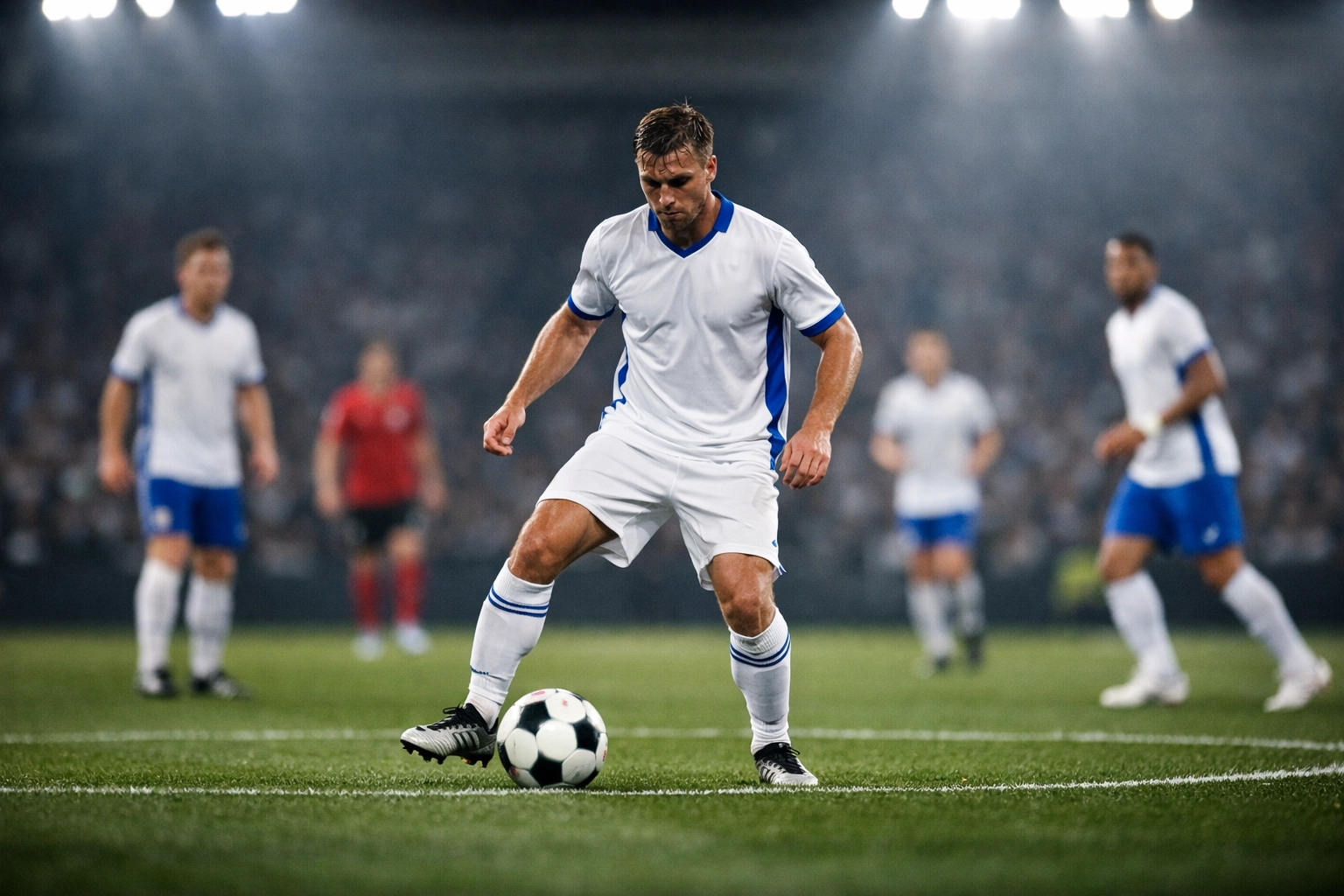 Defensiver Mittelfeldspieler kontrolliert Ball im taktischen Spielaufbau