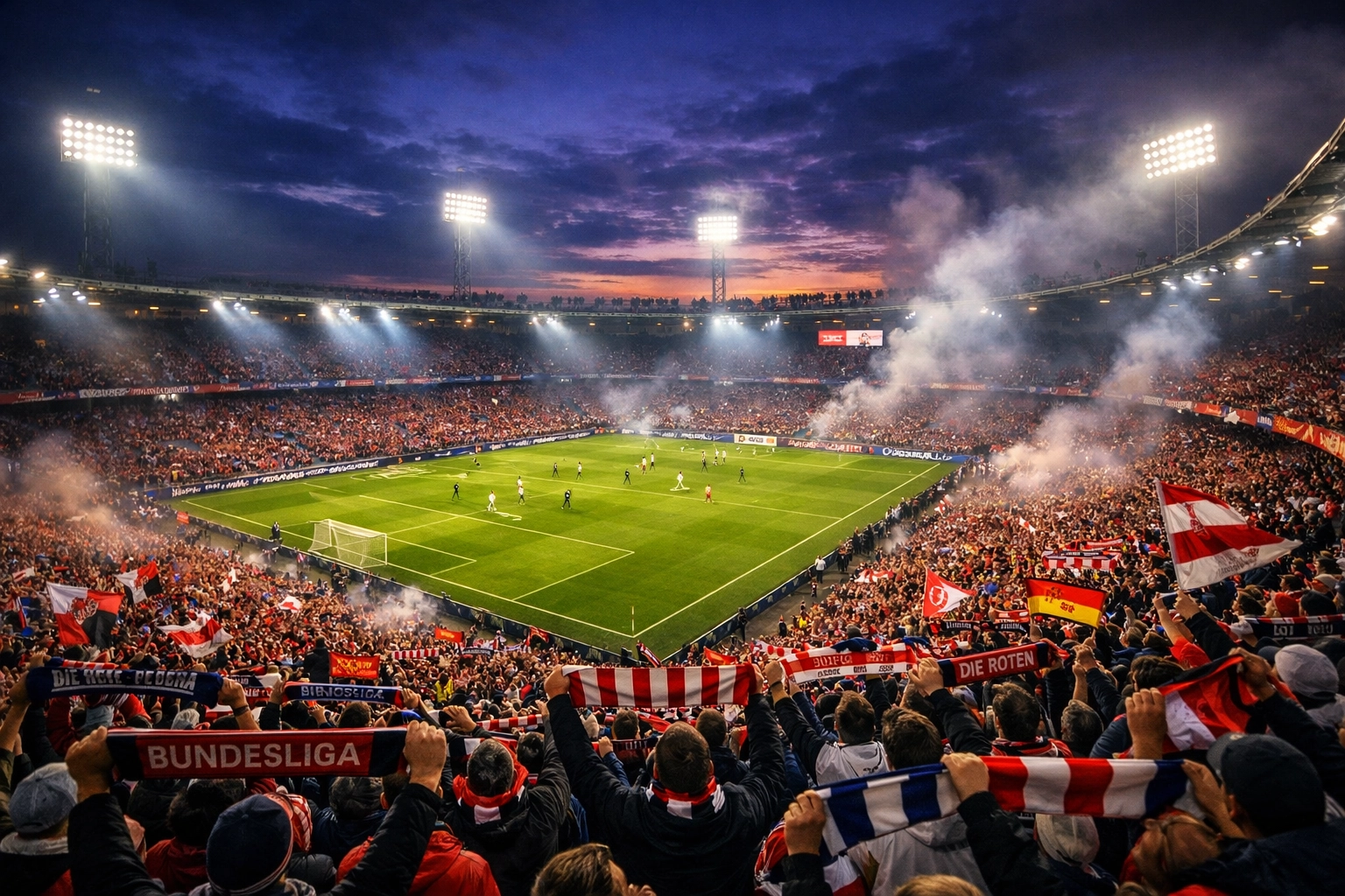 Ausverkauftes Bundesliga Stadion mit Fans unter Flutlicht beim entscheidenden Spieltag