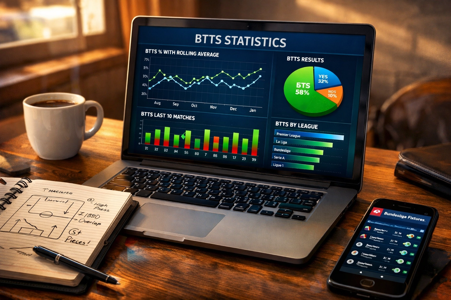 BTTS-Statistiken Analyse mit rollierenden Durchschnitten und Bundesliga-Daten auf Laptop