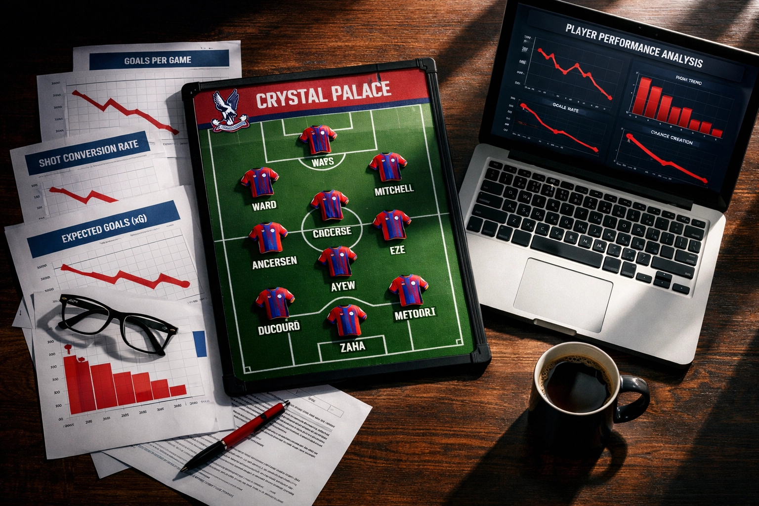 Transferanalyse Crystal Palace mit statistischen Leistungsdaten und taktischer Formation