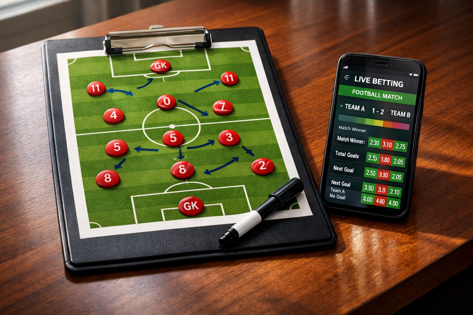 Taktik-Clipboard und Sportwetten-App mit Live-Quoten für Bundesliga-Spiele