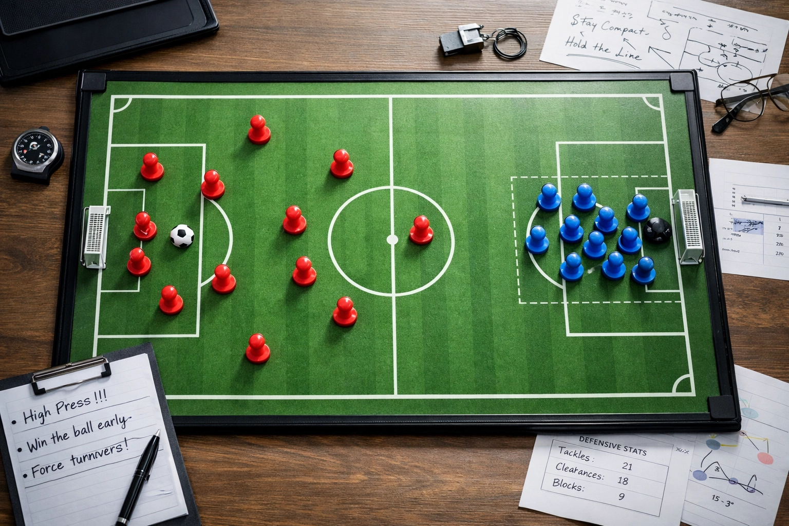Taktiktafel zeigt Vergleich zwischen Hochpressing und tiefem Defensivblock