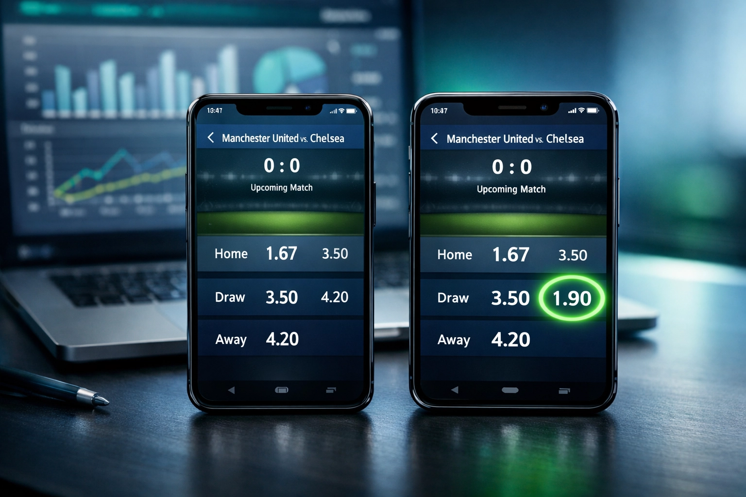 Quotenvergleich beim Value-Betting: Zwei Smartphones zeigen unterschiedliche Wettquoten für dasselbe Spiel