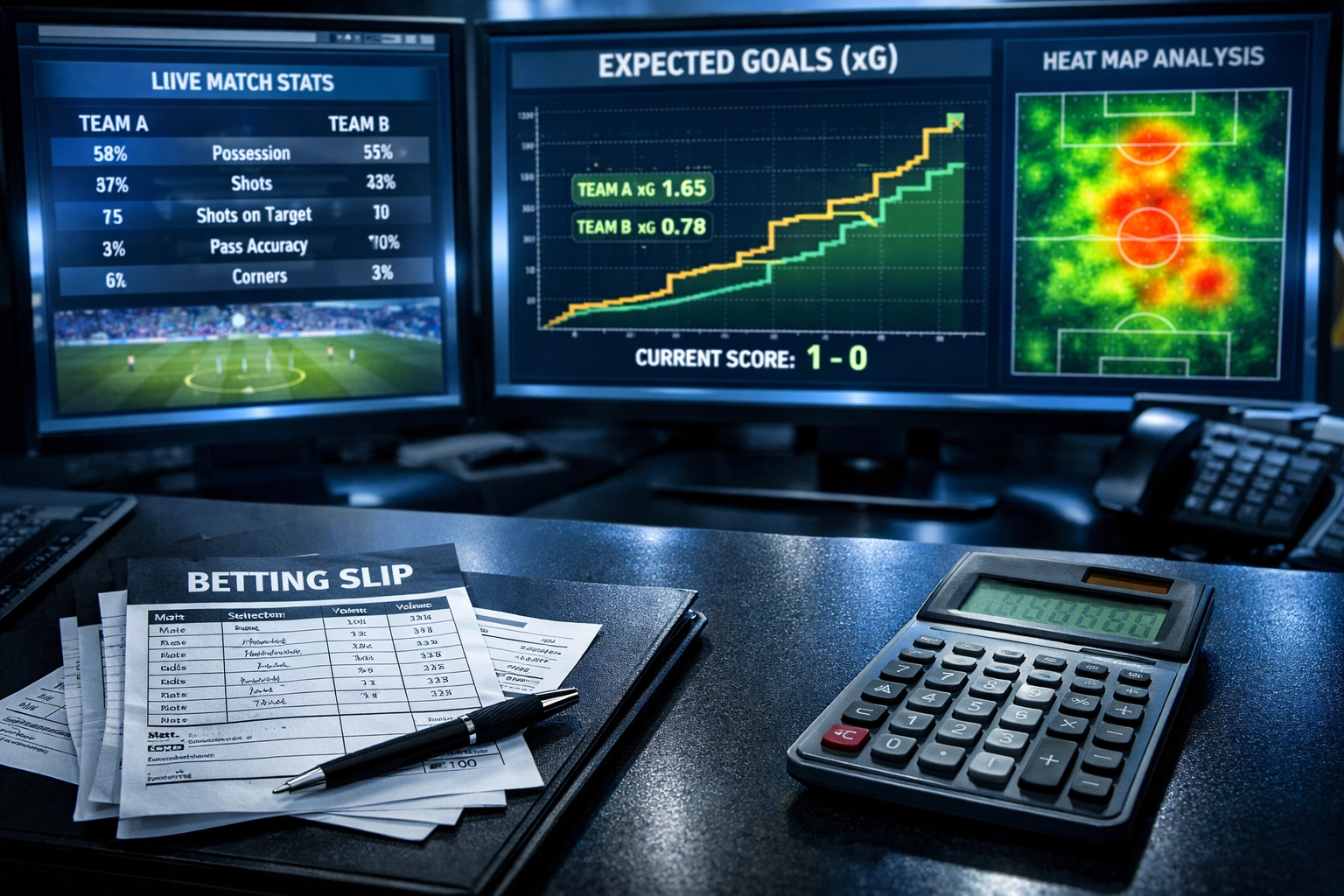 Sportwetten Workspace mit Live-Statistiken xG-Daten und Wettschein Quoten-Analyse