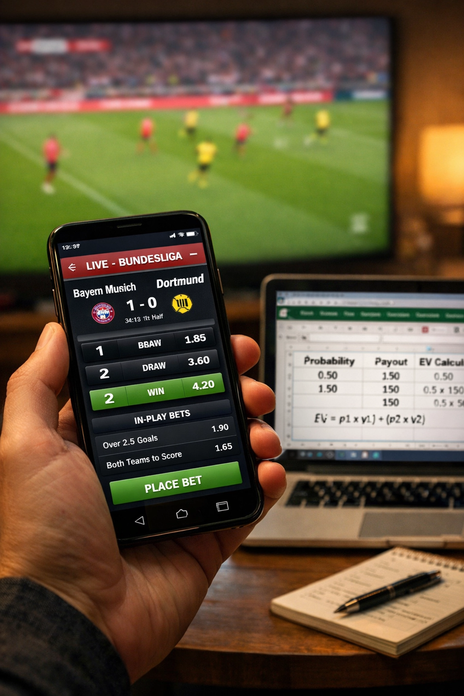 Sportwetten-App auf Smartphone mit Bundesliga-Spiel und Expected Value Analyse im Hintergrund