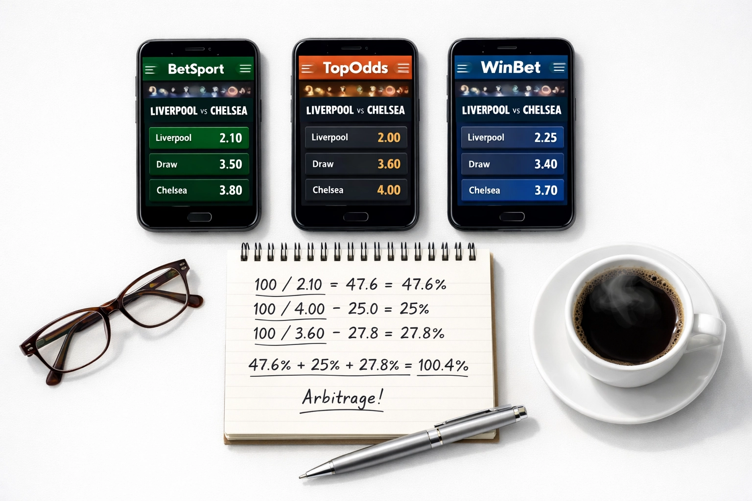 Quotenvergleich und Einsatzberechnung für Arbitrage-Wetten über mehrere Wettanbieter