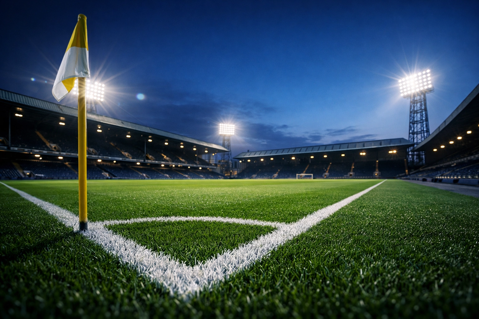 Englisches Fußballstadion bei Dämmerung für datenbasierte Premier League Analysen.
