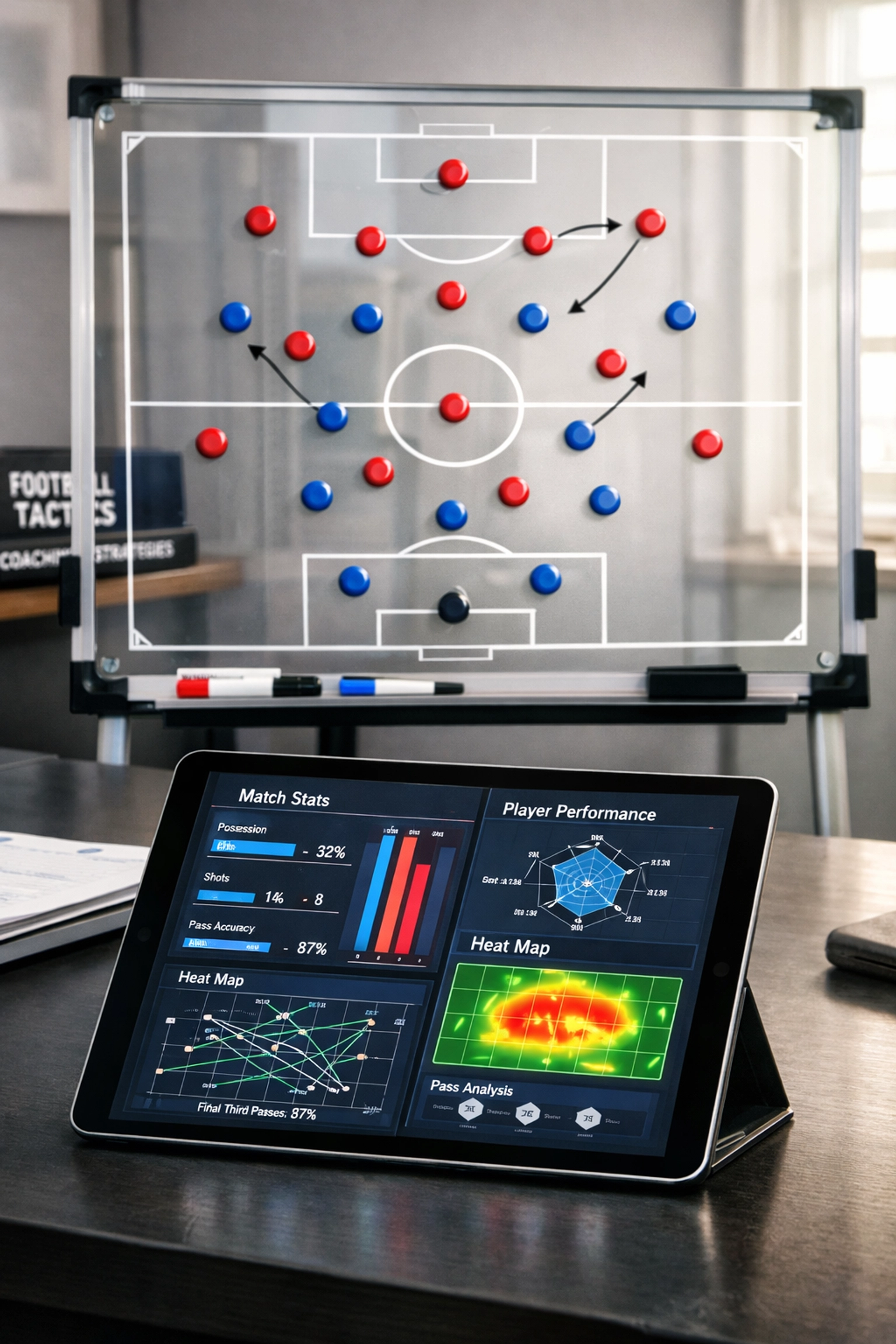 Moderne Fußball-Taktikanalyse mit Aufstellungsboard und statistischen Daten im Trainerraum