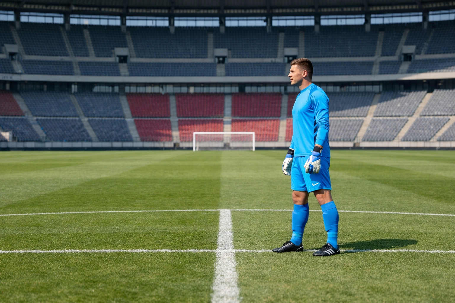 Moderner Sweeper-Keeper des FC Bayern München zur Absicherung der hohen Abwehrkette weit vor dem Tor