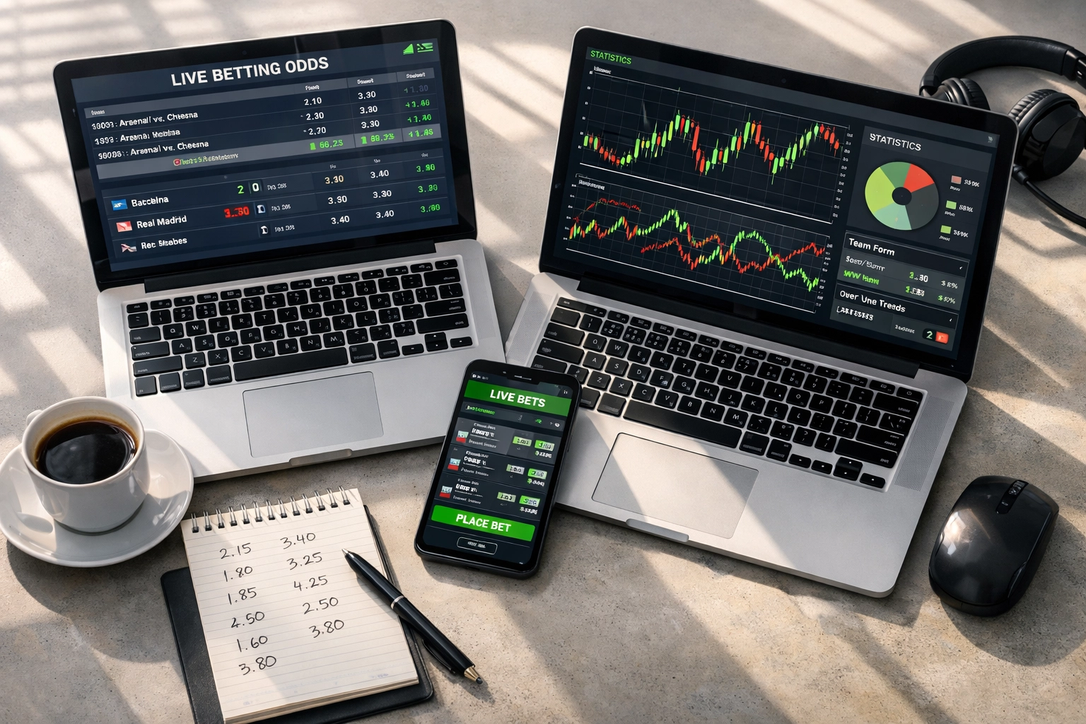 Wettanalyse-Arbeitsplatz mit Live-Quoten und Marktbewegungen europäischer Ligen